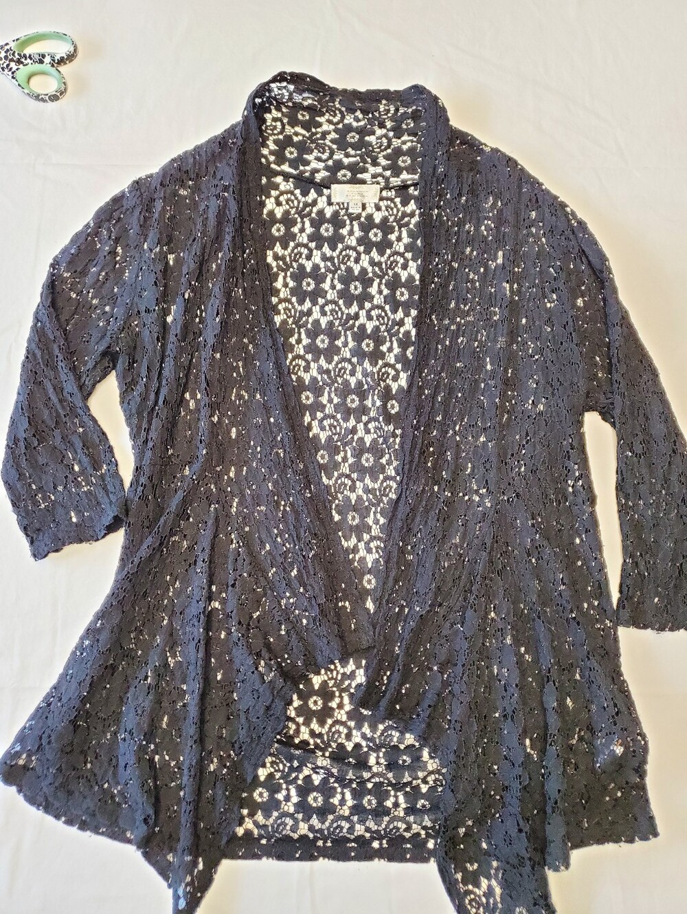 Shannon Ford New York Black Lace Waterfall Cardigan Duster Plus 1X 3/4 Sleeve